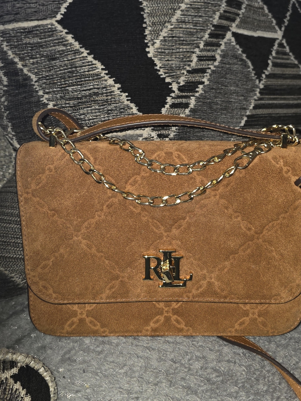 Ralph Lauren Cognac Suede Chain-Accent Shoulder Bag - Picture 7 of 8